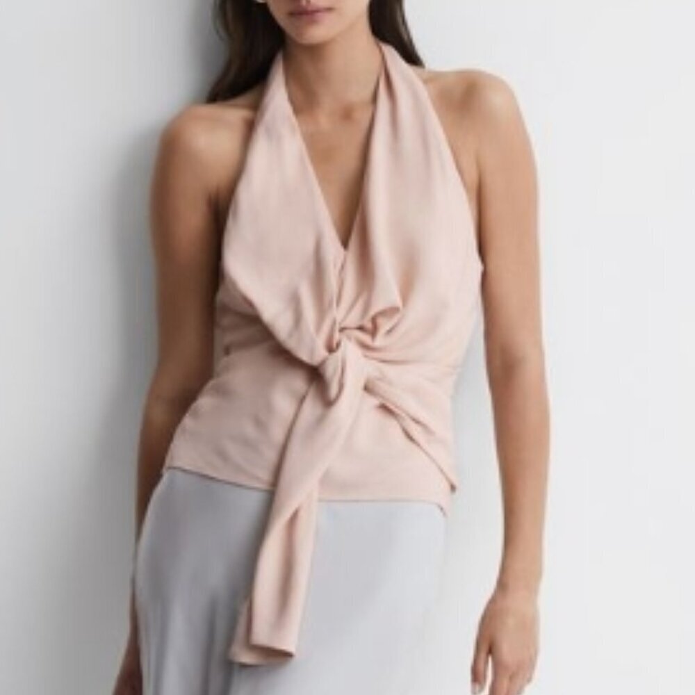 REISS Freda Tie Halter Neck Blouse Nude